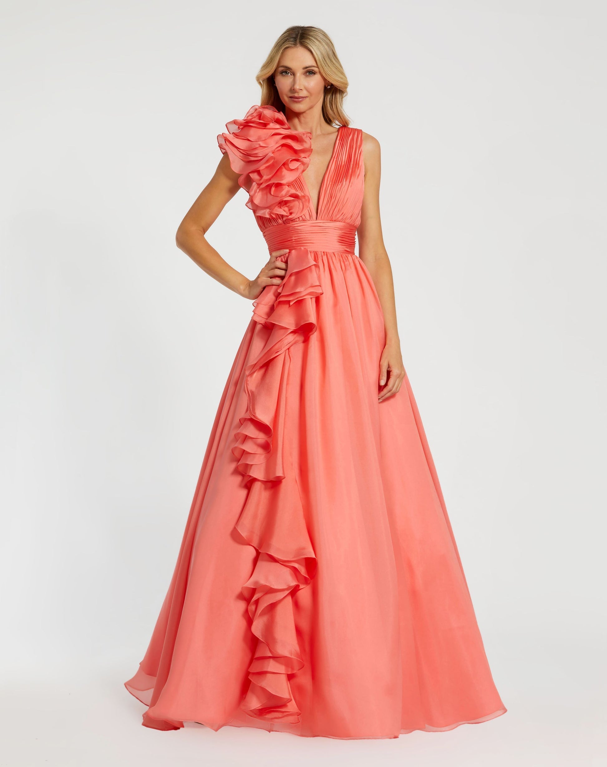 Shoulder Detail Ruffle A Line Gown - Coral