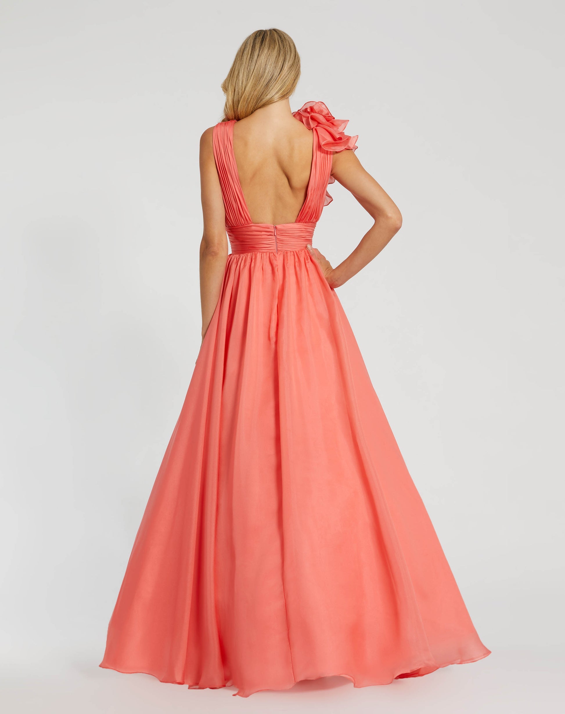 Shoulder Detail Ruffle A Line Gown - Coral