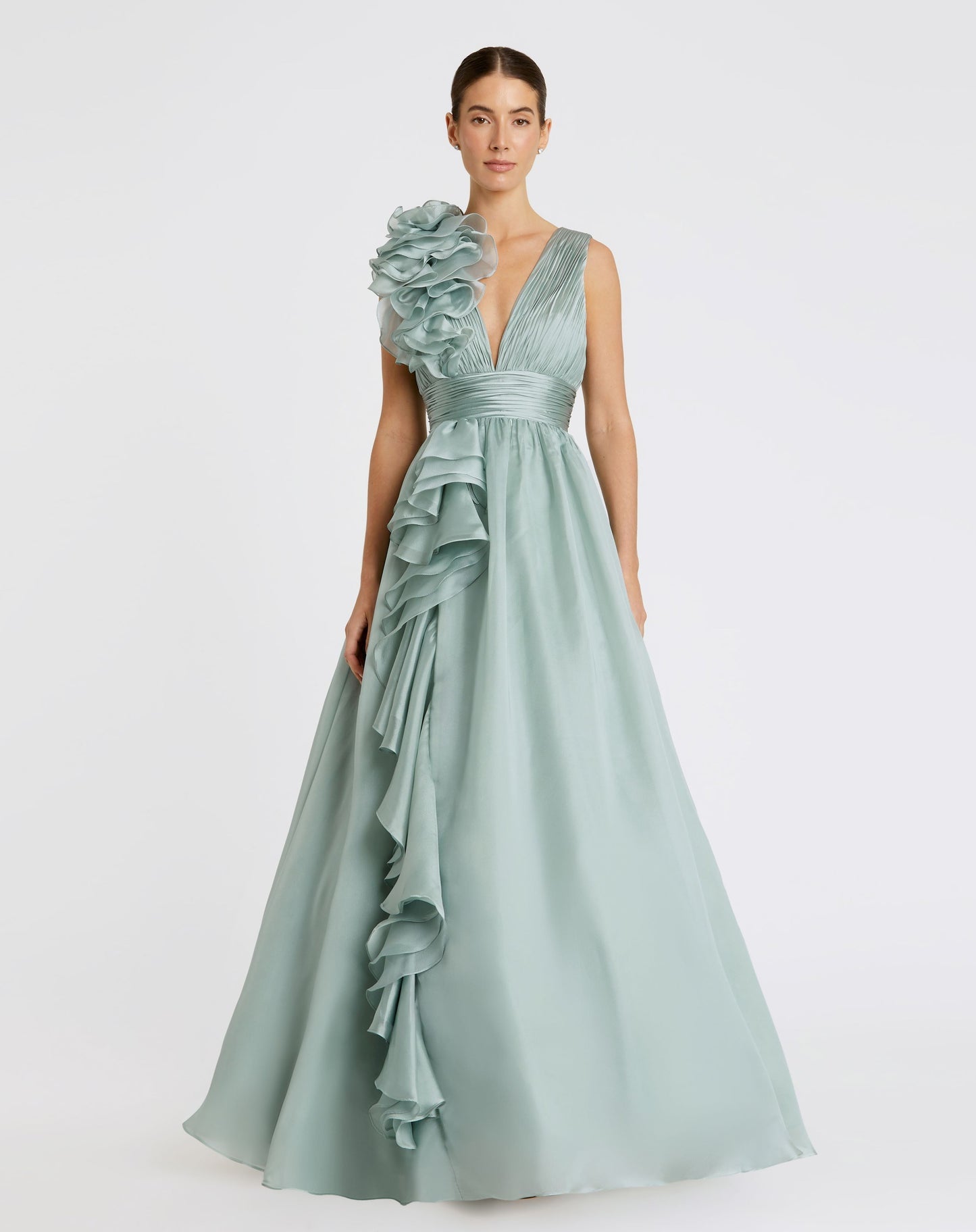 Mac Duggal, Shoulder Detail Ruffle A Line Gown - Mint Green