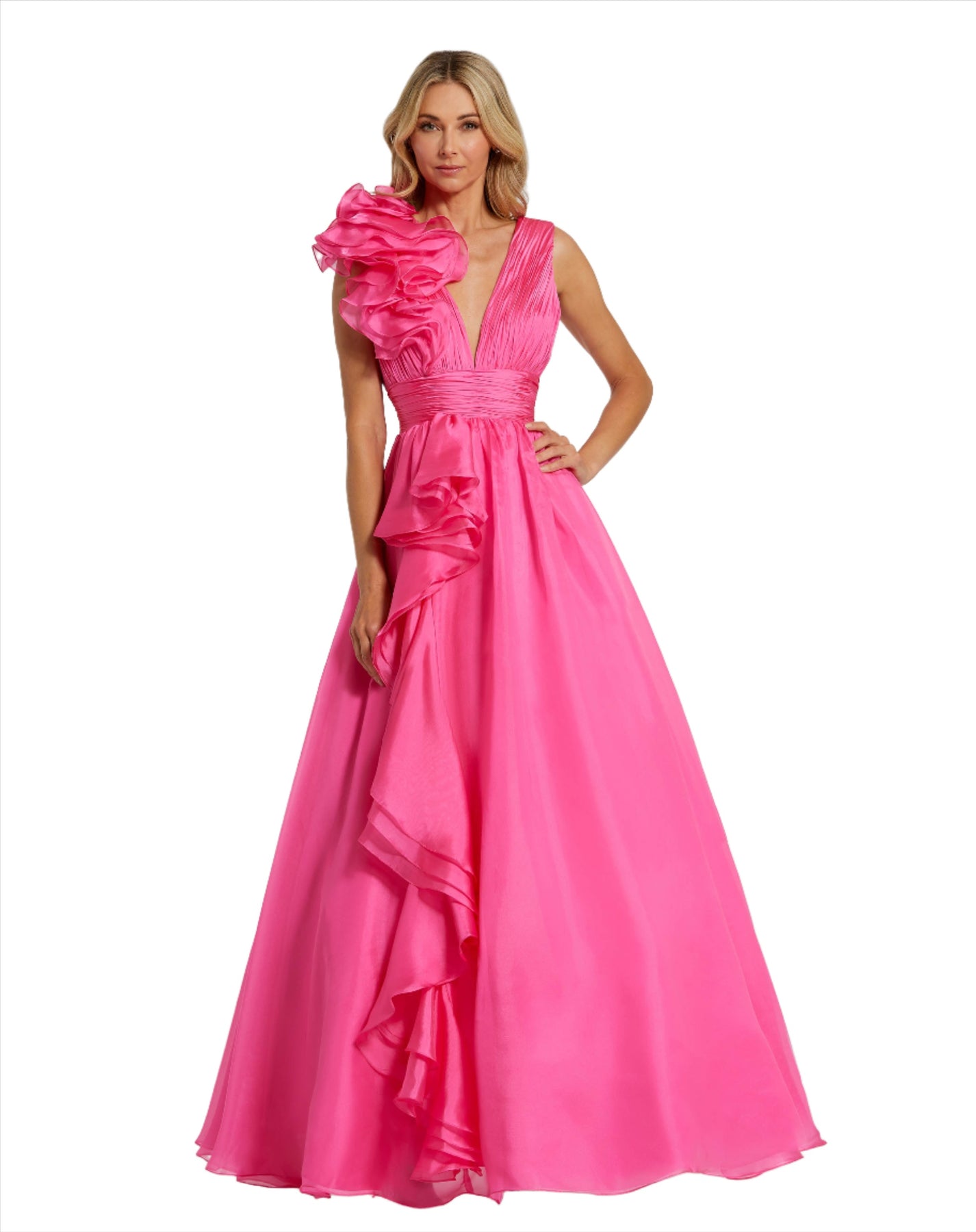 Shoulder Detail Ruffle A Line Gown - Coral