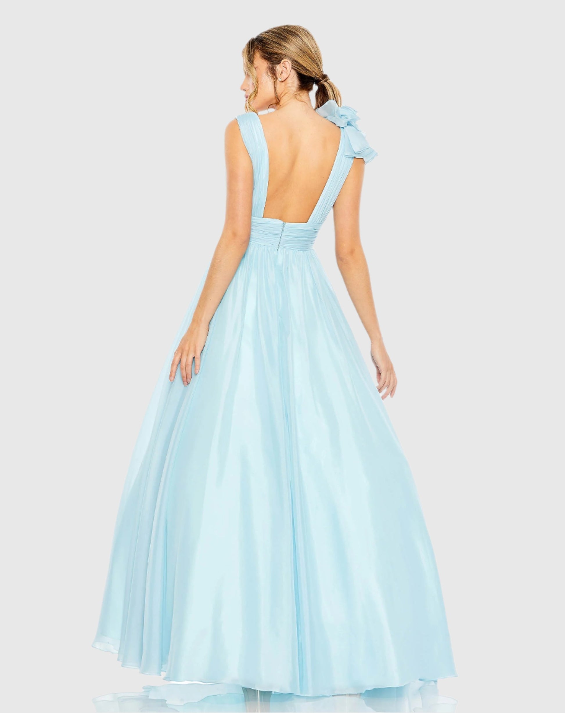 Shoulder Detail Ruffle A Line Gown - Powder Blue