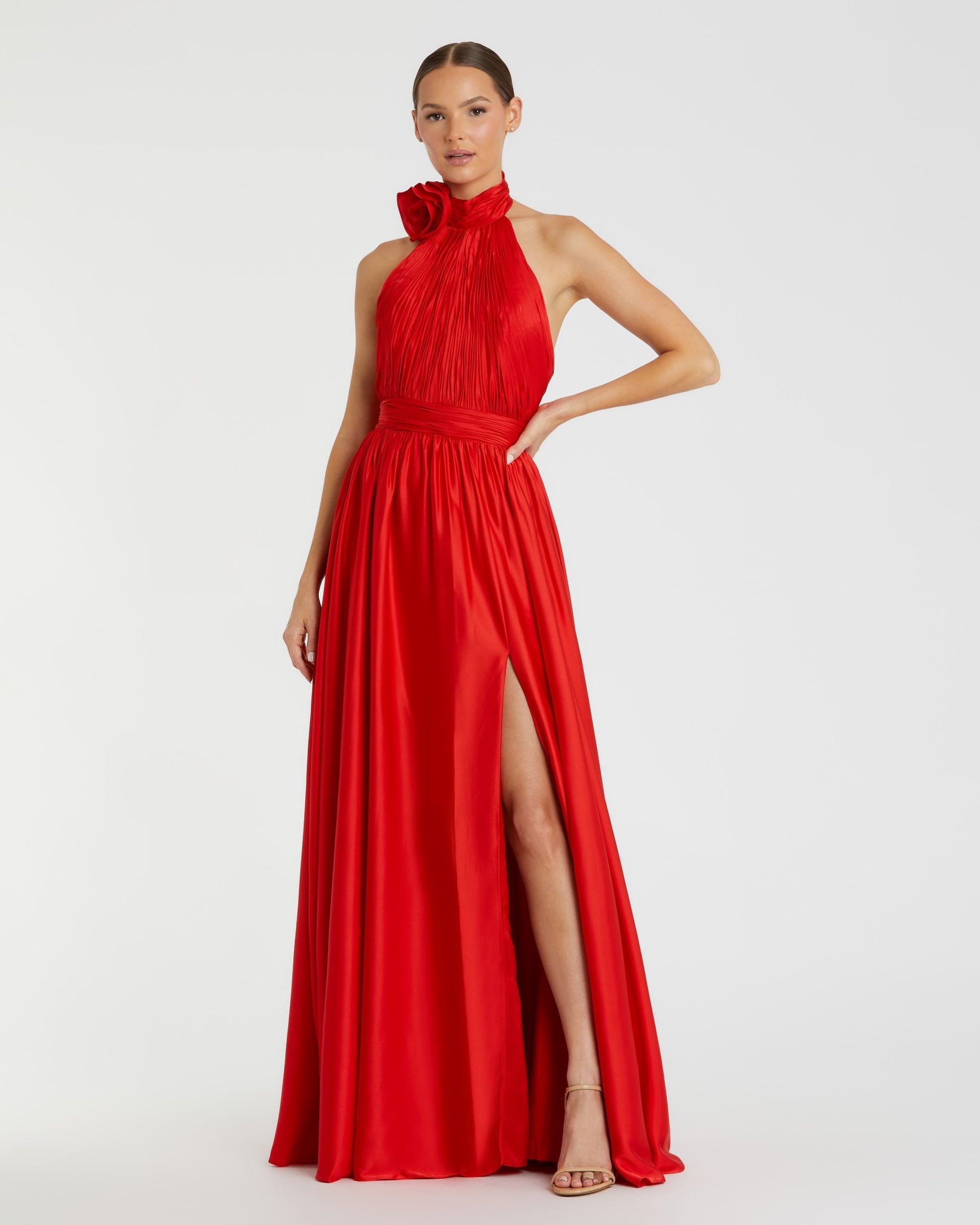 Mac Duggal, Red Bridal Satin Halterneck Evening Gown #49333