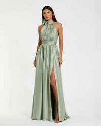 Mac Duggal, Purple Soft Tie Halter Neck High Slit Gown #49333 Sage Green