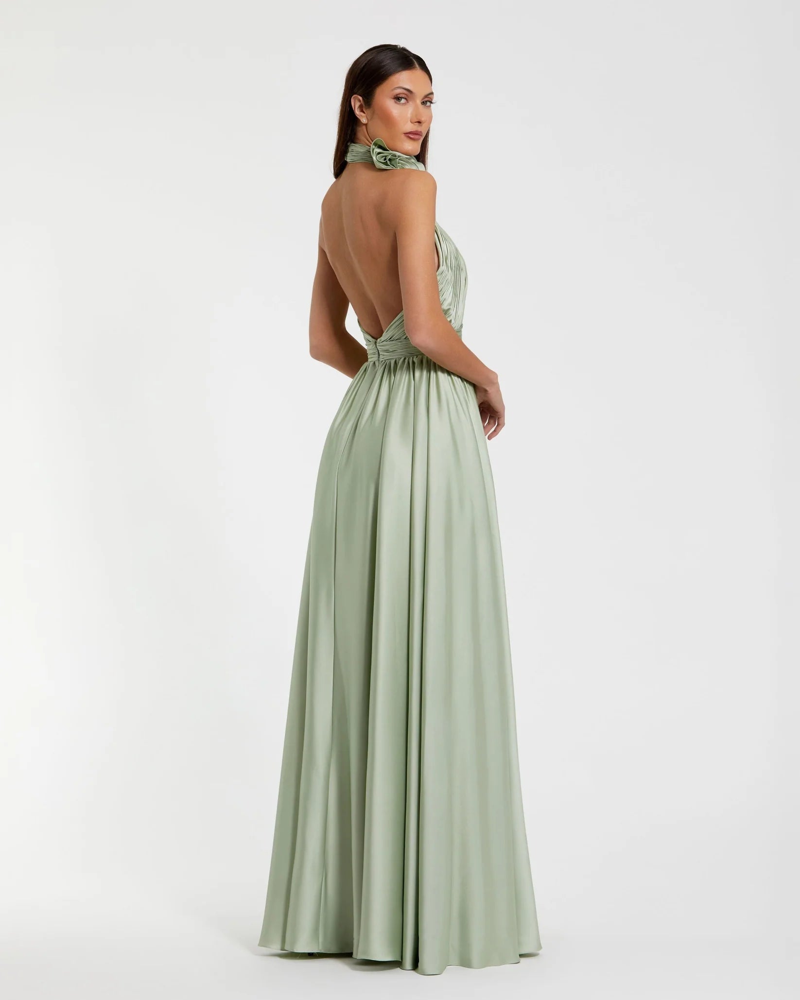 Green Soft Tie Halter Neck High Slit Gown - Sage