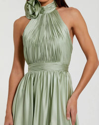 Green Soft Tie Halter Neck High Slit Gown - Sage