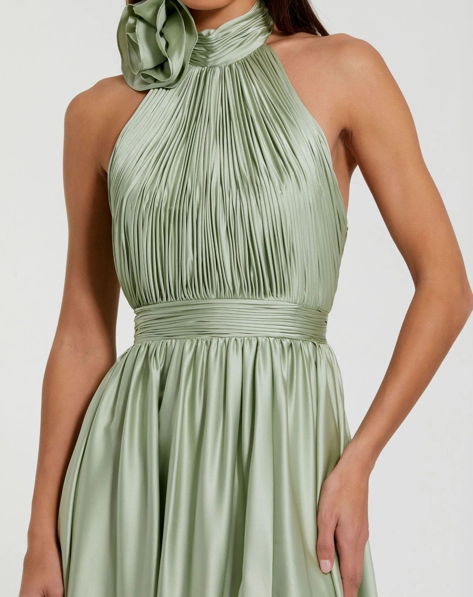Green Soft Tie Halter Neck High Slit Gown - Sage