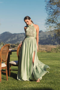 Green Soft Tie Halter Neck High Slit Gown - Sage