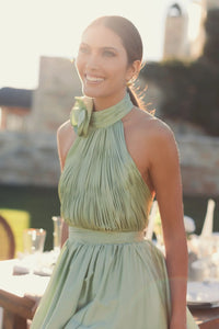 Green Soft Tie Halter Neck High Slit Gown - Sage