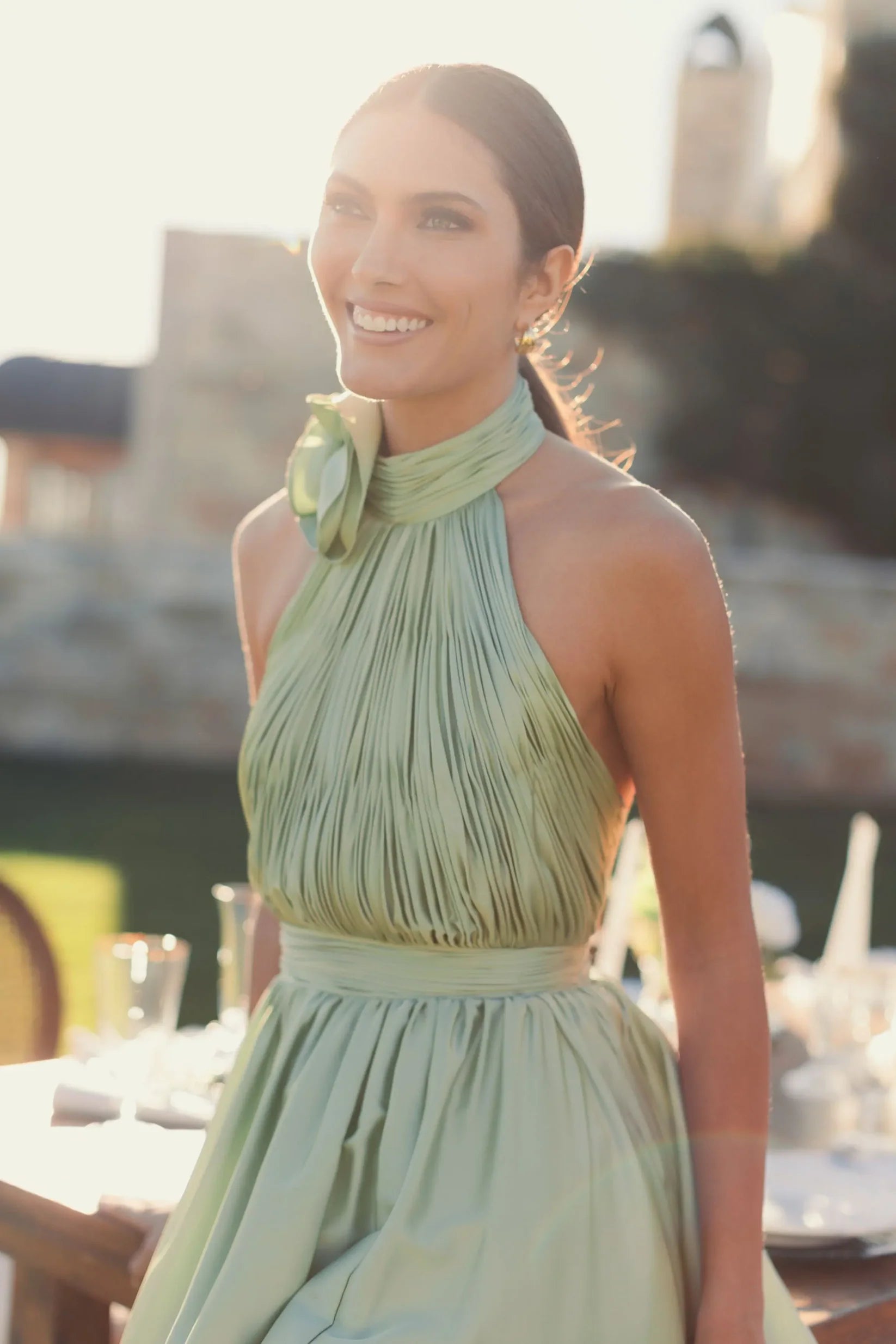 Green Soft Tie Halter Neck High Slit Gown - Sage