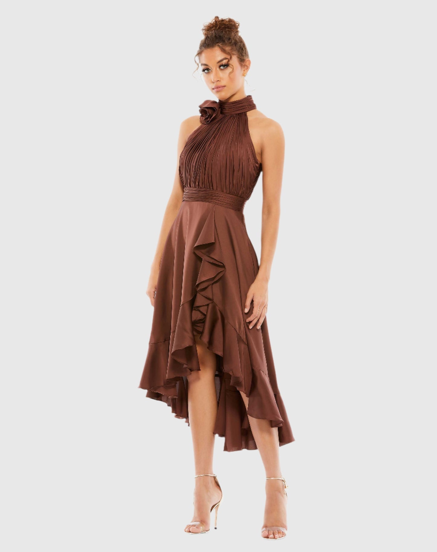 Mac Duggal, Midi Bridesmaids Dress Brown Halter Neck Flower Detail Ruffled Midi Dress #49488