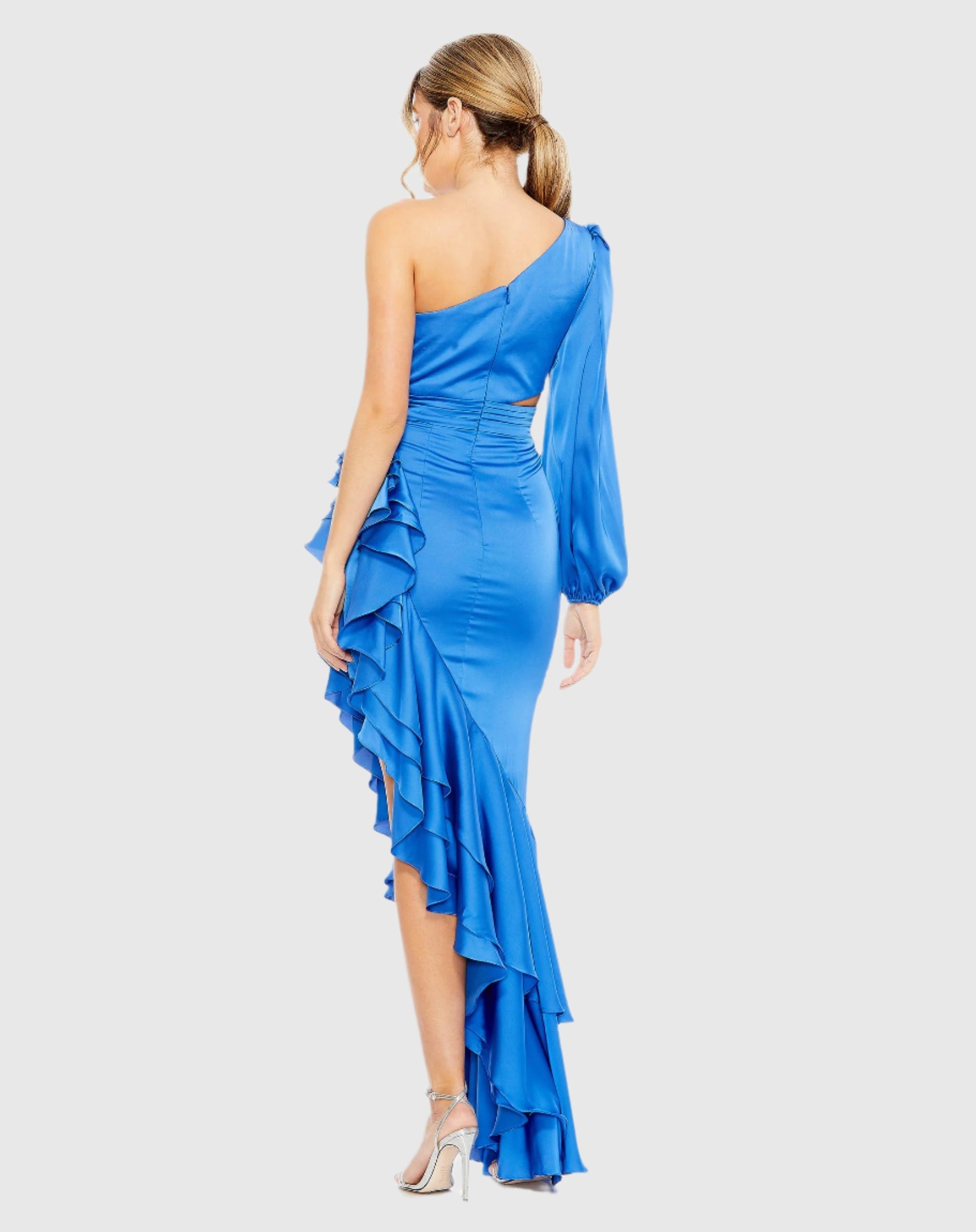 One sleeve cut out asymmetrical ruffle gown - Cobalt