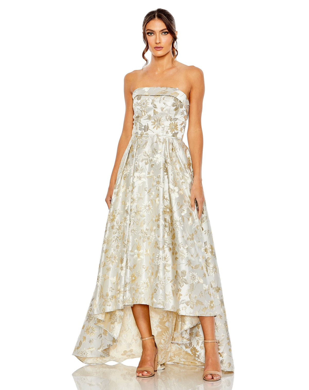 mac duggal, Brocade strapless floral  Style #49619 high low gown - White, 