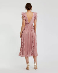 Pleated V Neck Ruffle Midi Dress - Rose