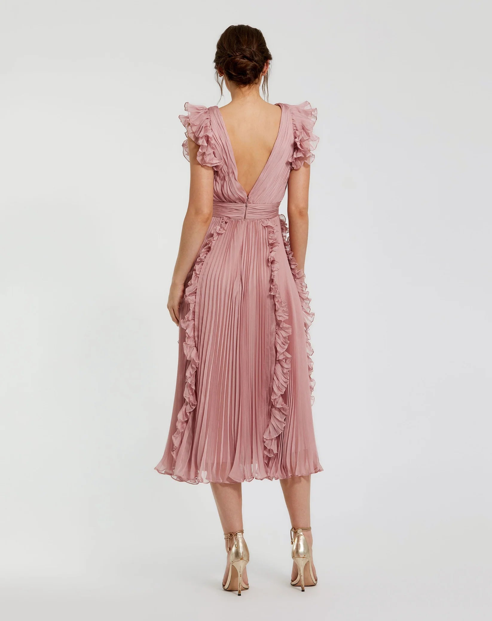 Pleated V Neck Ruffle Midi Dress - Rose
