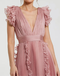 Pleated V Neck Ruffle Midi Dress - Rose