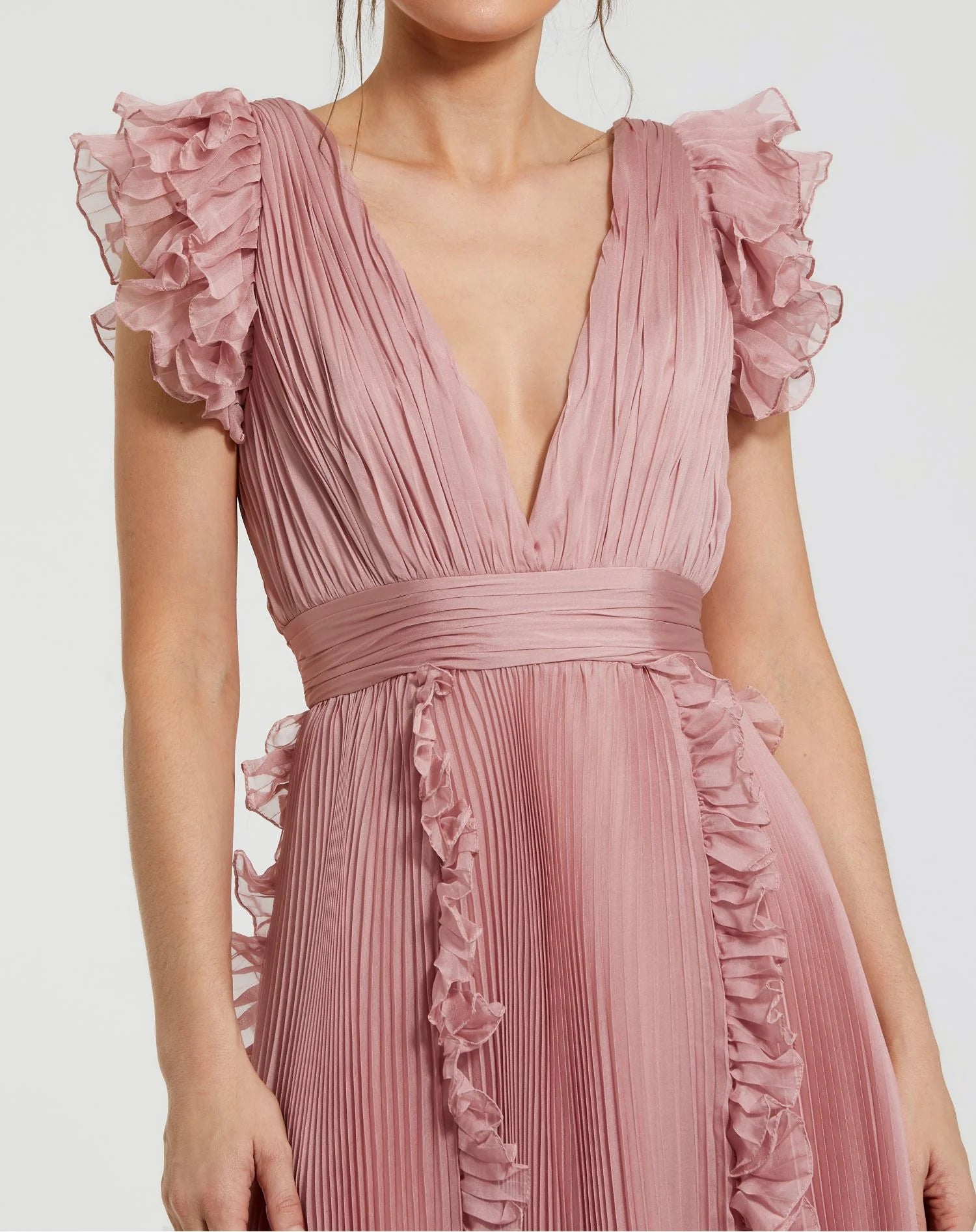 Pleated V Neck Ruffle Midi Dress - Rose