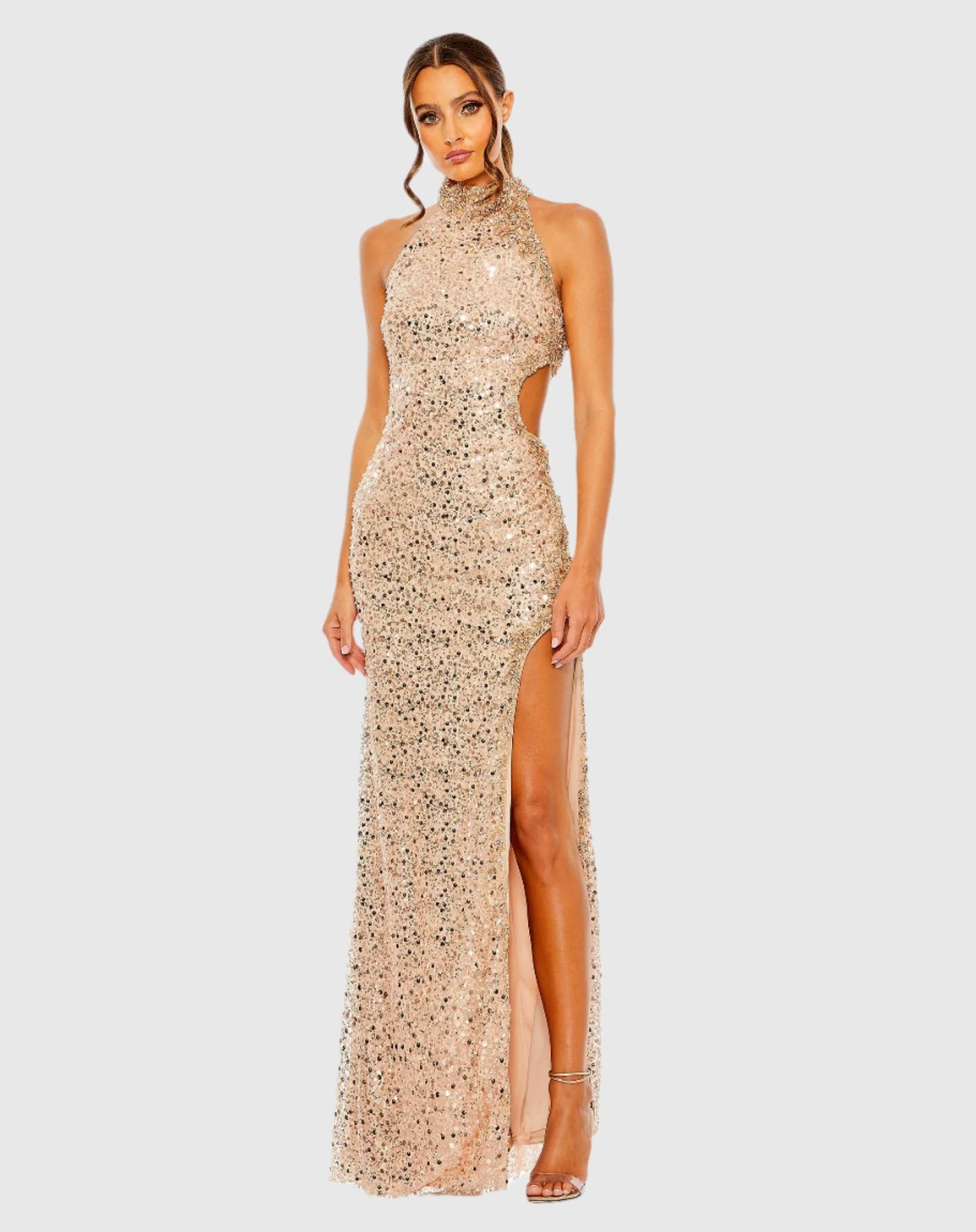 Mac Duggal, High neck halter neck sleeveless sequin thigh split gown - Rose Gold  #49679