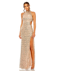 Mac Duggal, Style #49679, Side cut out high neck sequin gown black rose gold