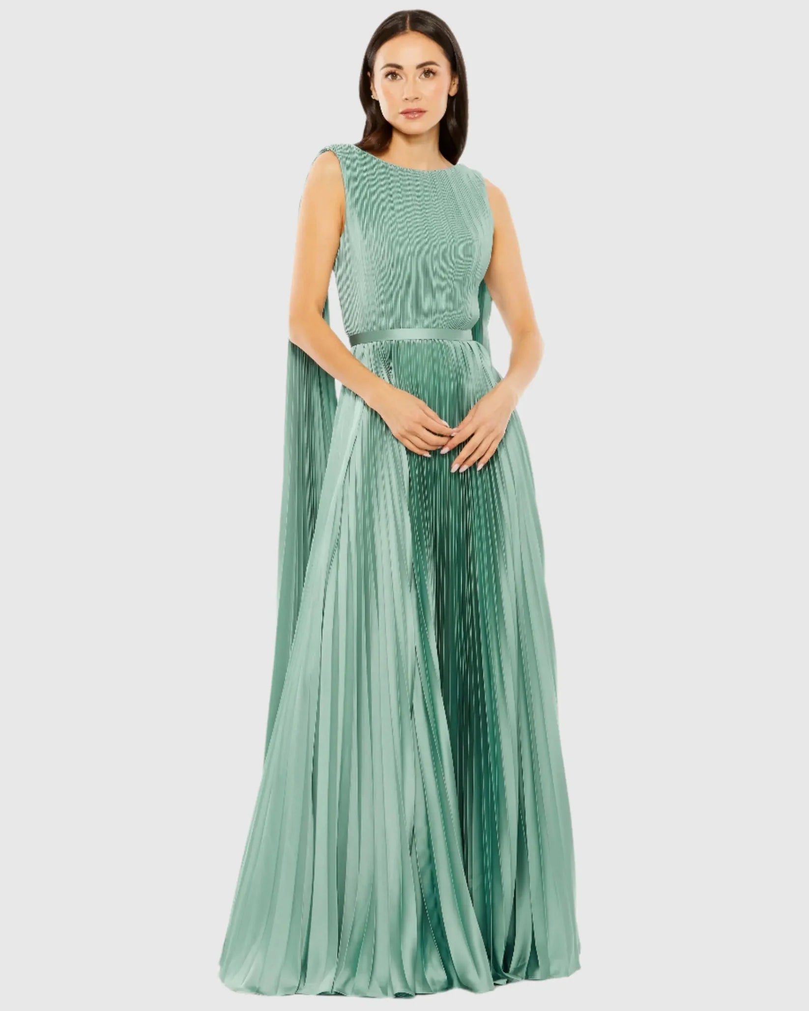 Sleeveless High Neck Cape Pleated Gown - Green