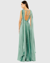 Sleeveless High Neck Cape Pleated Gown - Green
