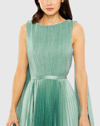Sleeveless High Neck Cape Pleated Gown - Green