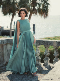 Sleeveless High Neck Cape Pleated Gown - Green