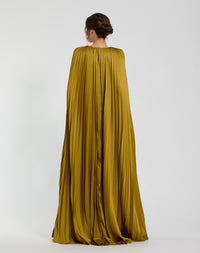 Pleated Charmeuse V Neck Gown With Cape - Peach