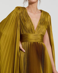 Pleated Charmeuse V Neck Gown With Cape - Peach