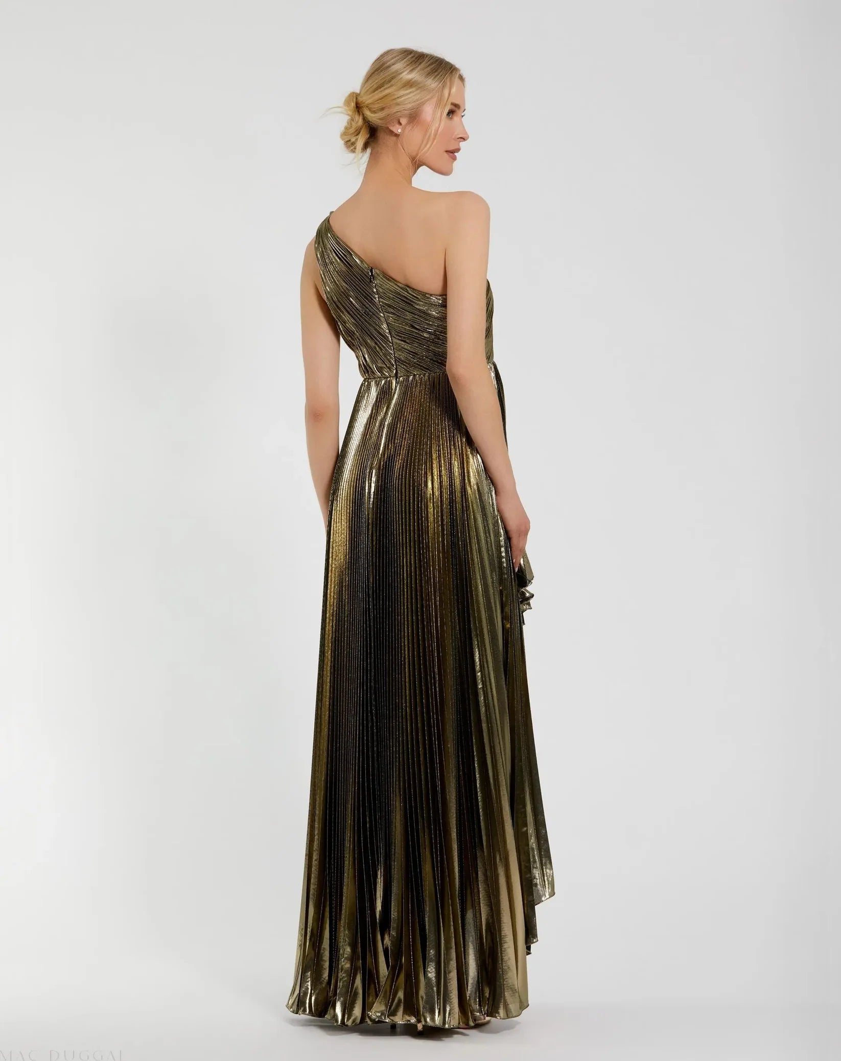 Pleated Metallic One Shoulder High Low Gown - Gold