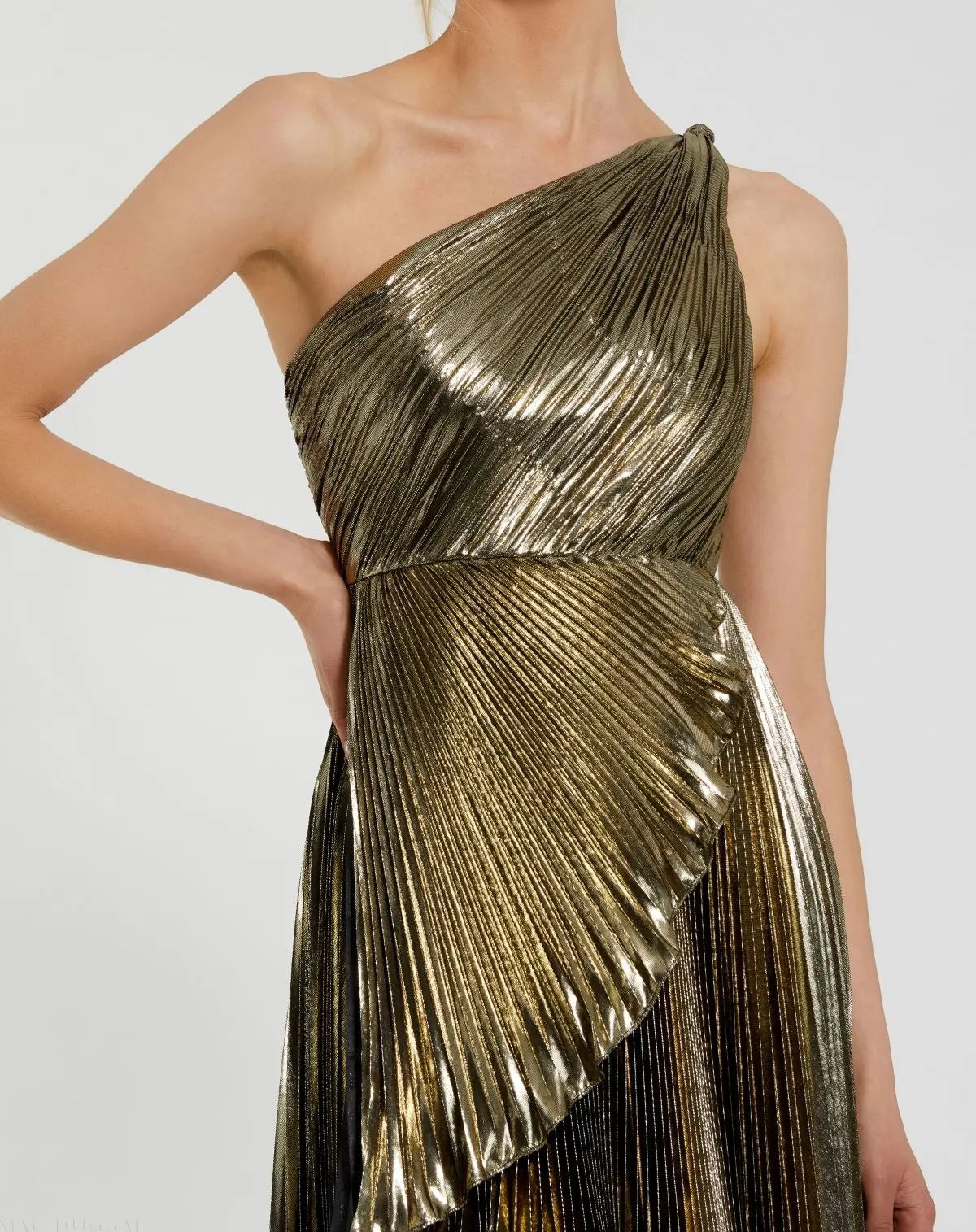 Pleated Metallic One Shoulder High Low Gown - Gold