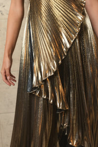 Pleated Metallic One Shoulder High Low Gown - Gold