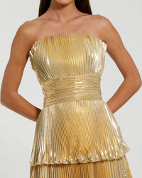 Strapless Pleated Metallic Ruffle Gown - Gold
