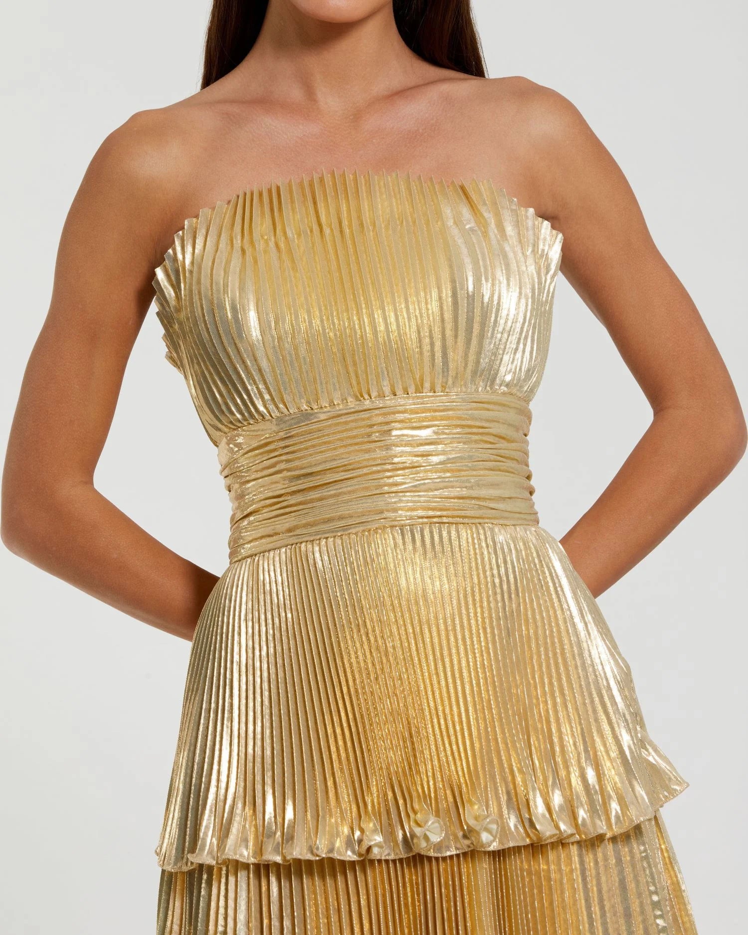 Strapless Pleated Metallic Ruffle Gown - Gold