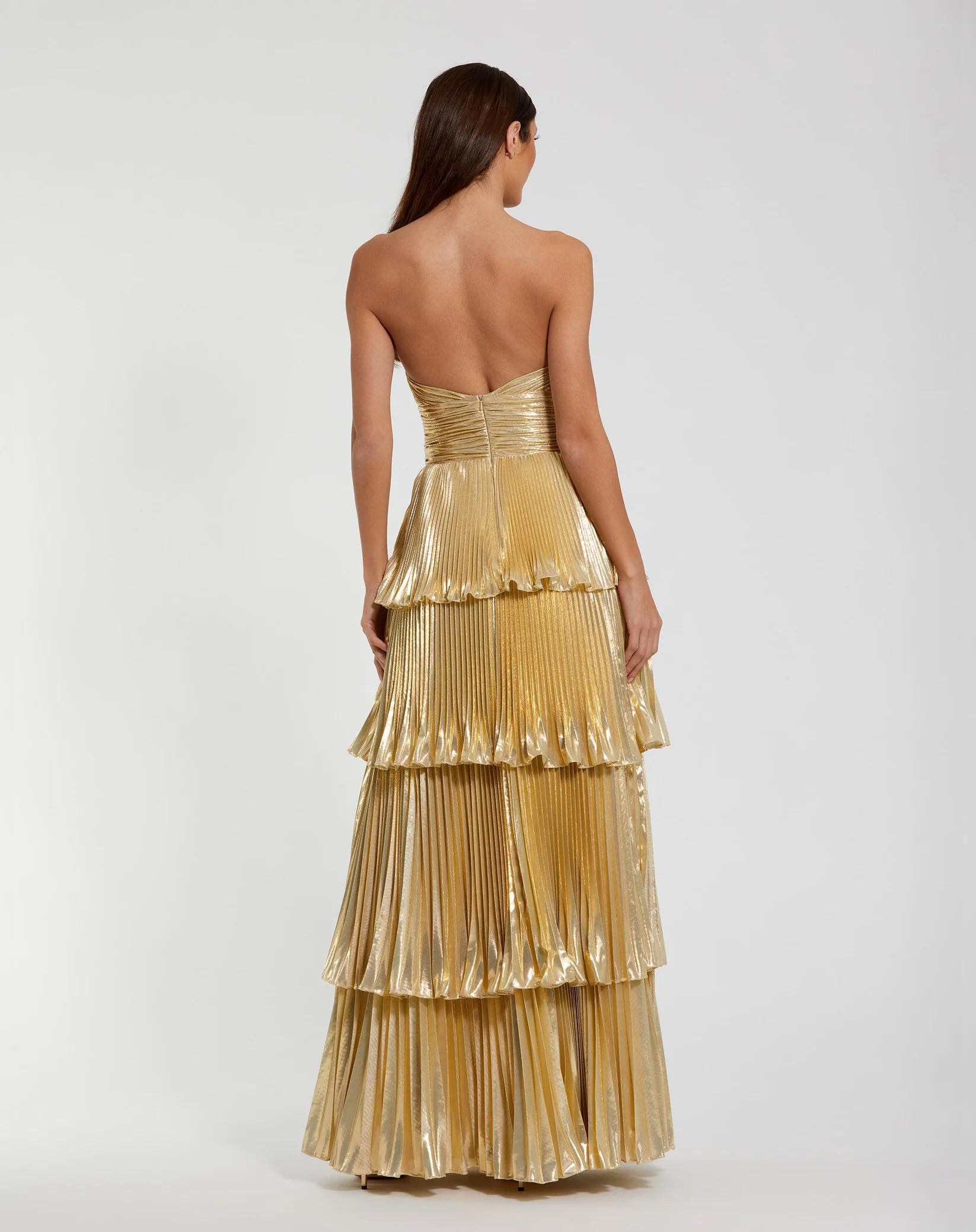 Strapless Pleated Metallic Ruffle Gown - Gold