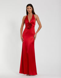 Mac Duggal #49913 Fitted Satin Sleeveless Halter Gown With 3D Flower Red