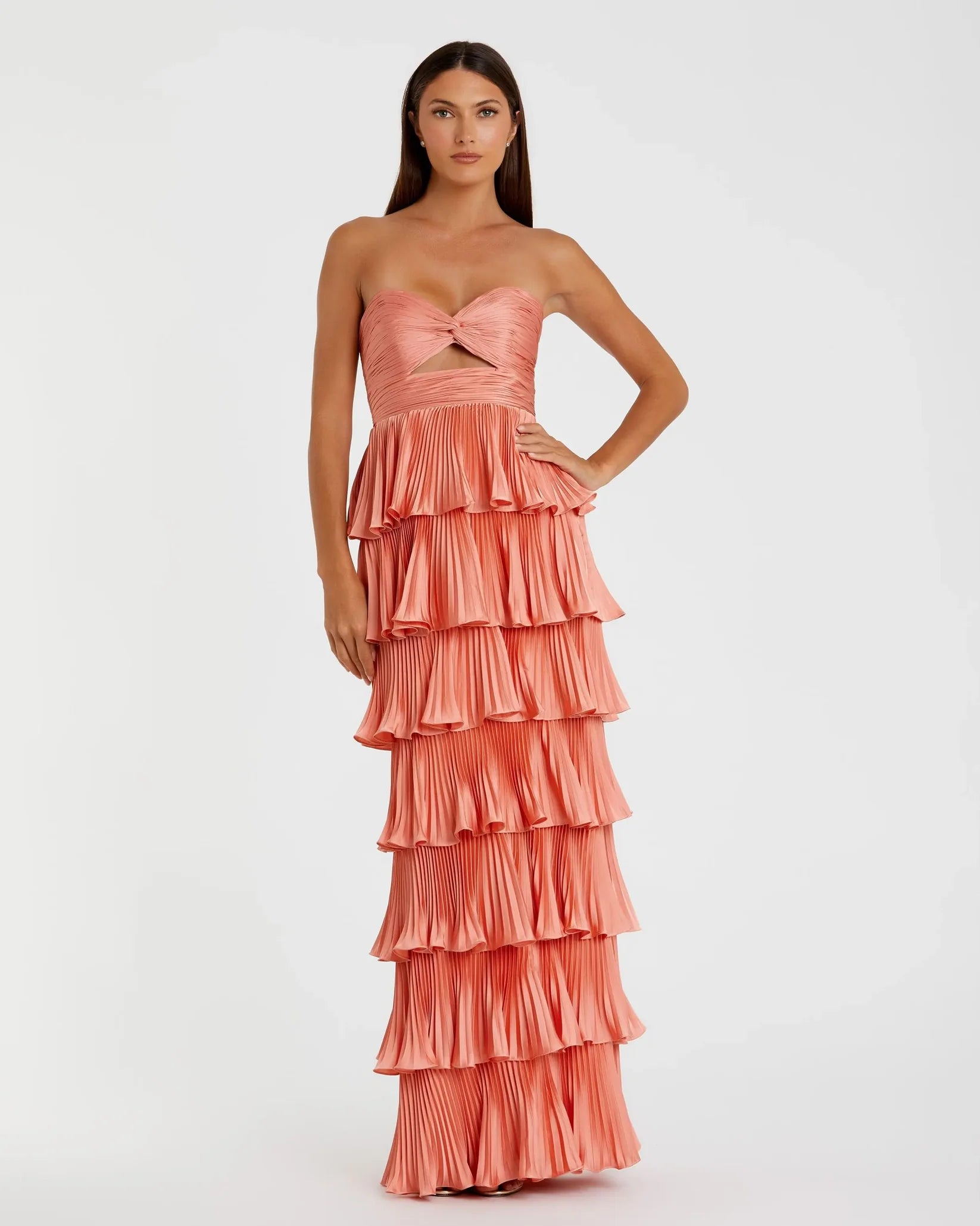 Pleated Charmeuse Strapless Tiered Ruffle Gown - Orange