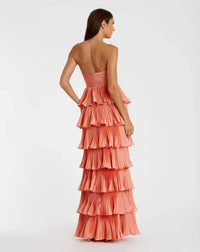 Pleated Charmeuse Strapless Tiered Ruffle Gown - Orange