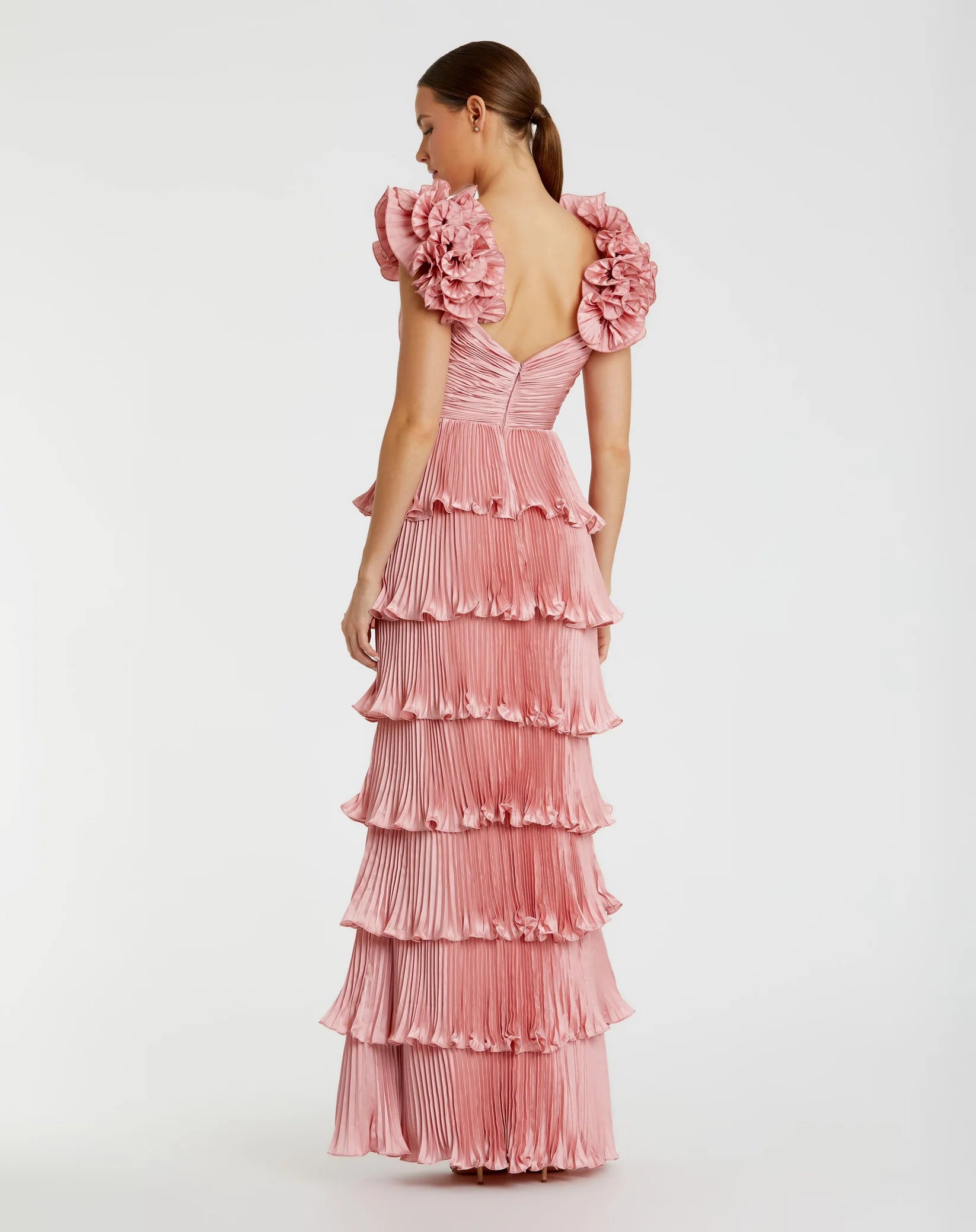 Pleated Charmeuse Ruffle Gown - Rose