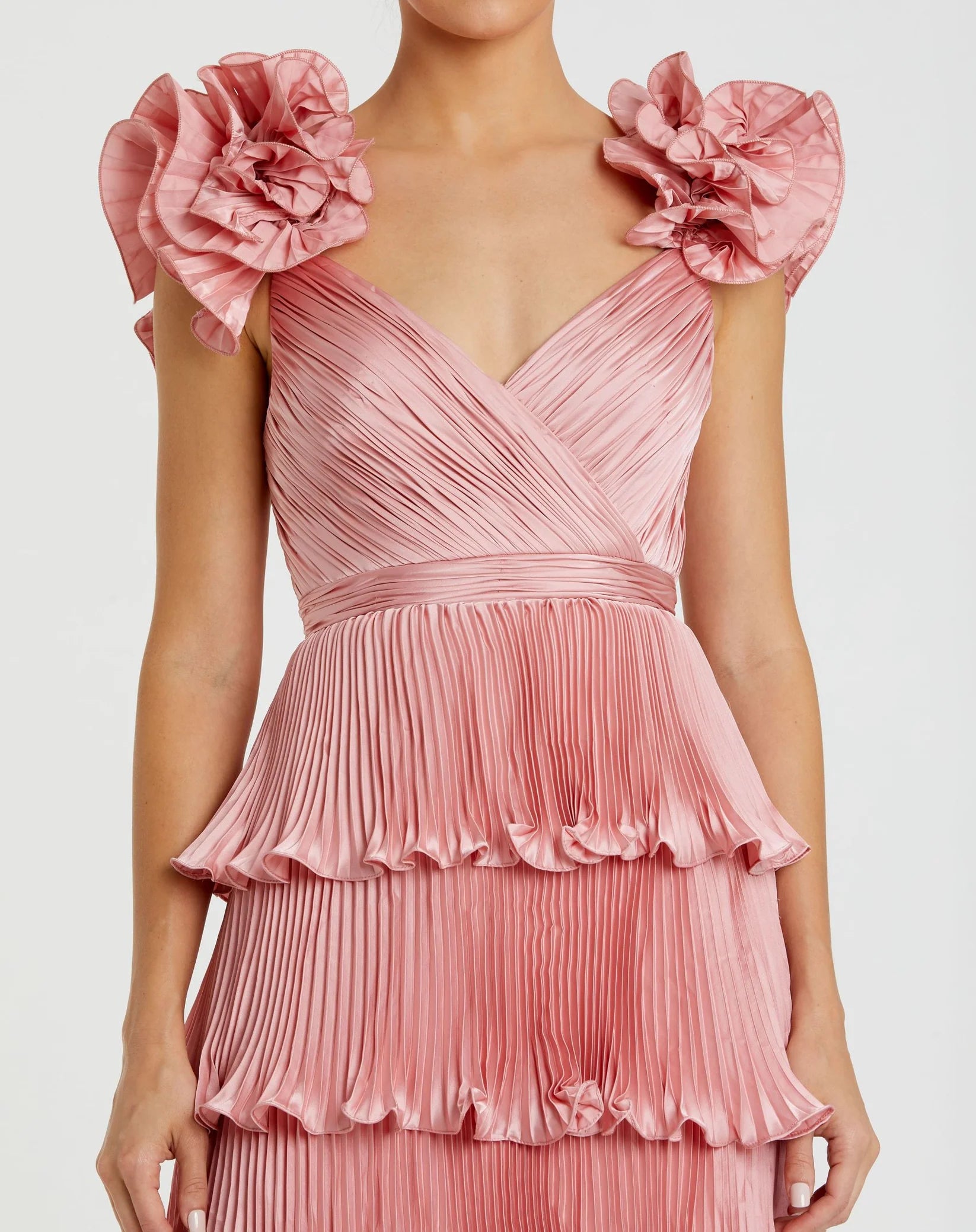 Pleated Charmeuse Ruffle Gown - Rose