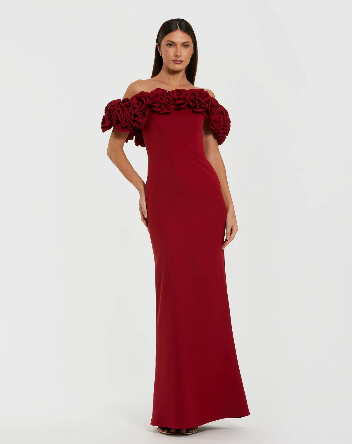 Mac Duggal Red Crepe Off The Shoulder Column Gown With 3D Roses #50042