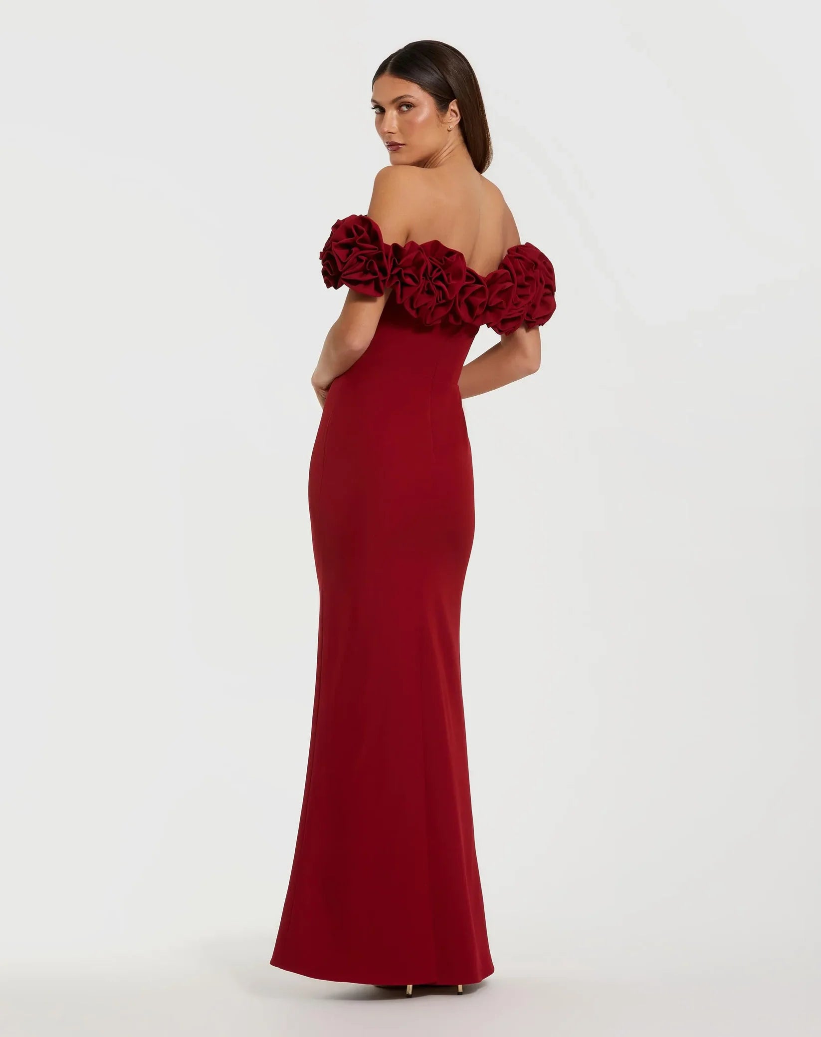 Crepe Off The Shoulder Column Gown With Roses - Red