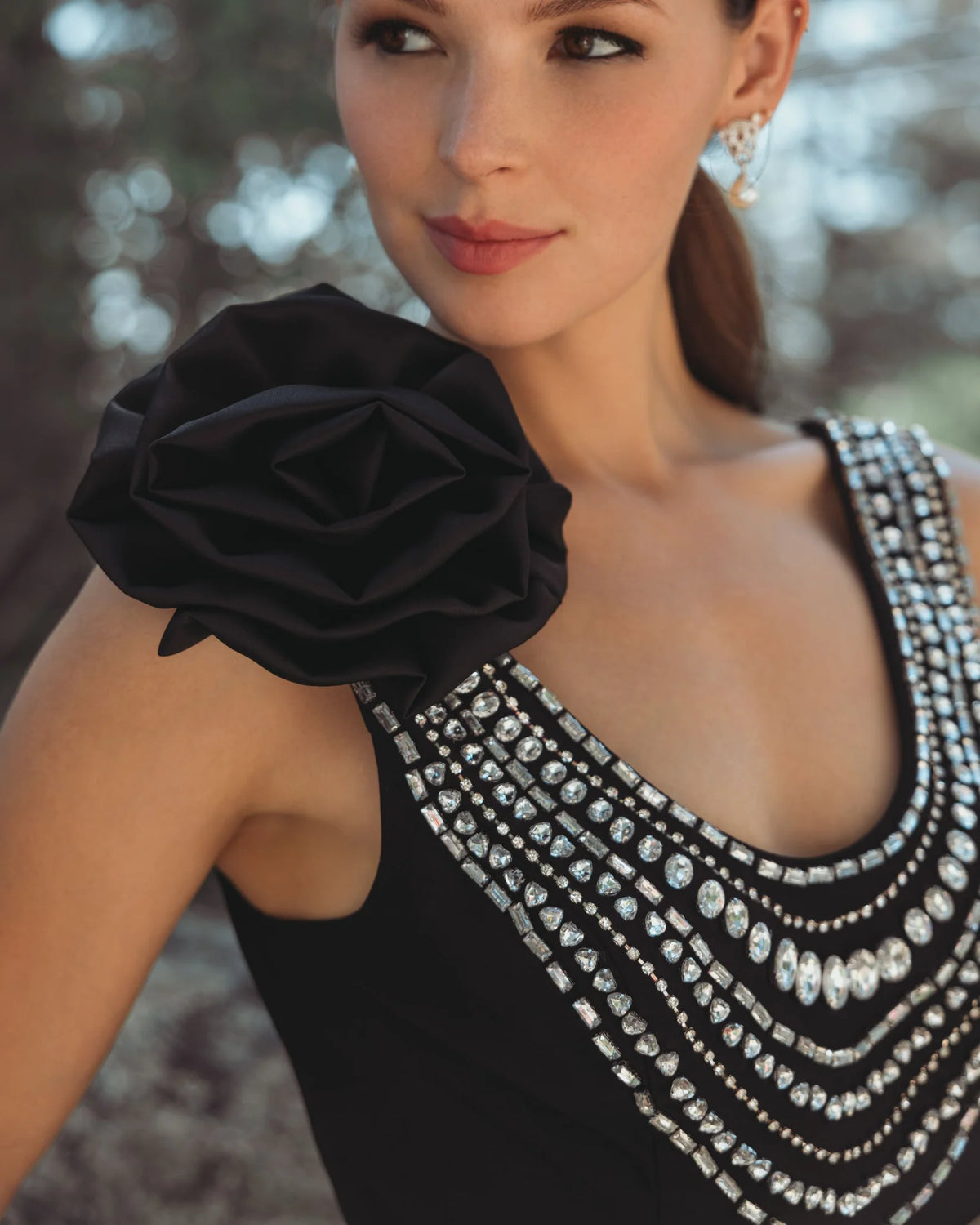 Beaded Scoop Neck Jersey Gown With 3D Flower - Black