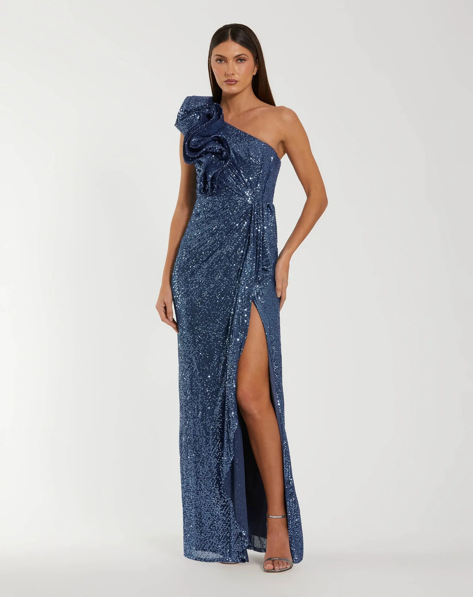 Mac Duggal One Shoulder Sequin Gown With Ruffle Detail #50093 Ocean Blue