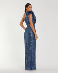 One Shoulder Sequin Gown With Ruffle Detail - Blue