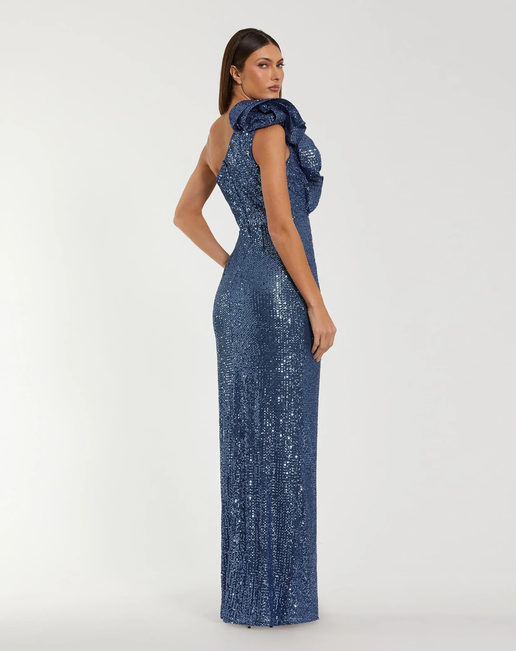 One Shoulder Sequin Gown With Ruffle Detail - Blue