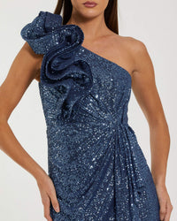 One Shoulder Sequin Gown With Ruffle Detail - Blue