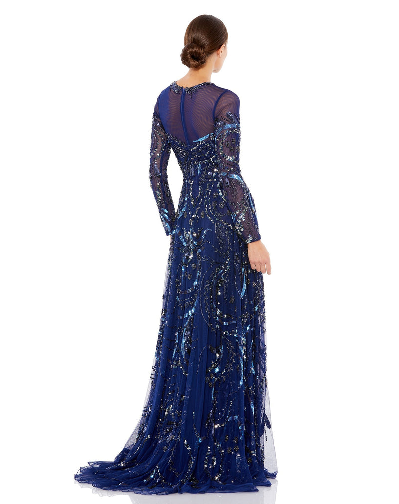 Mac Duggal, LONG SLEEVE EMBELLISHED ILLUSION EVENING GOWN, Style #5217, modest evening gown, midnight navy back view