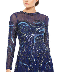 Mac Duggal, LONG SLEEVE EMBELLISHED ILLUSION EVENING GOWN, Style #5217, modest evening gown, midnight navy close up
