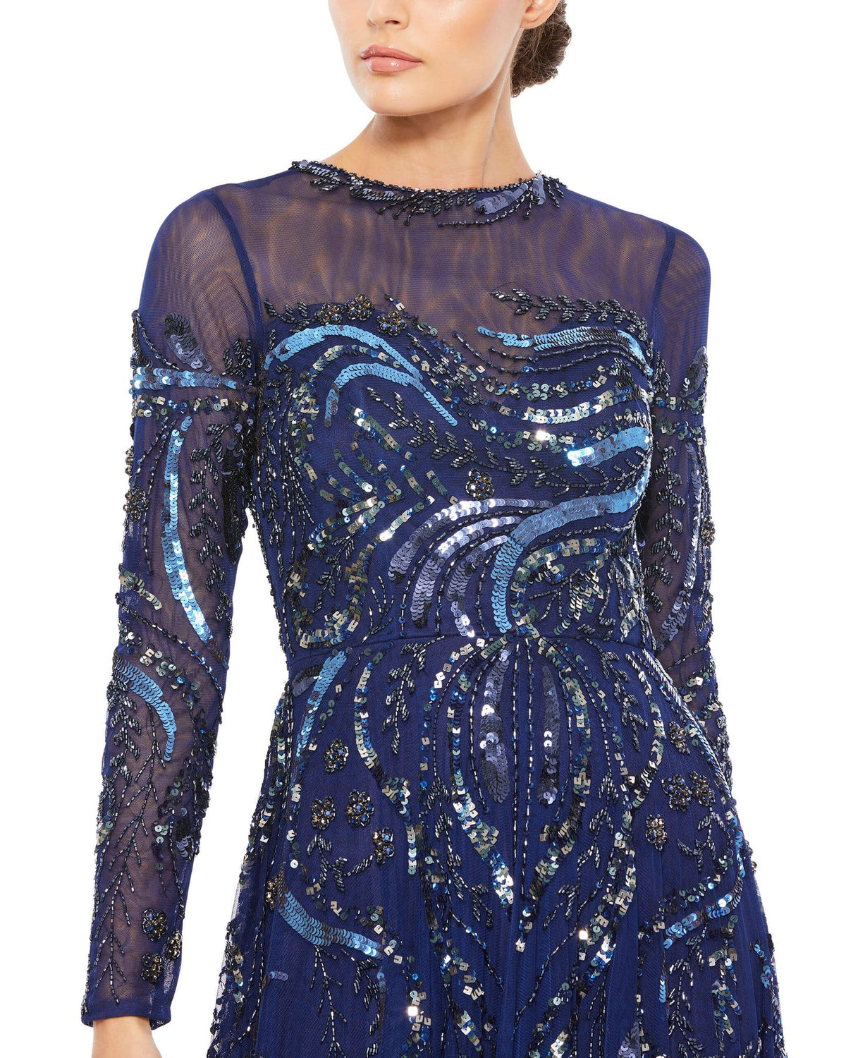 Mac Duggal, LONG SLEEVE EMBELLISHED ILLUSION EVENING GOWN, Style #5217, modest evening gown, midnight navy close up