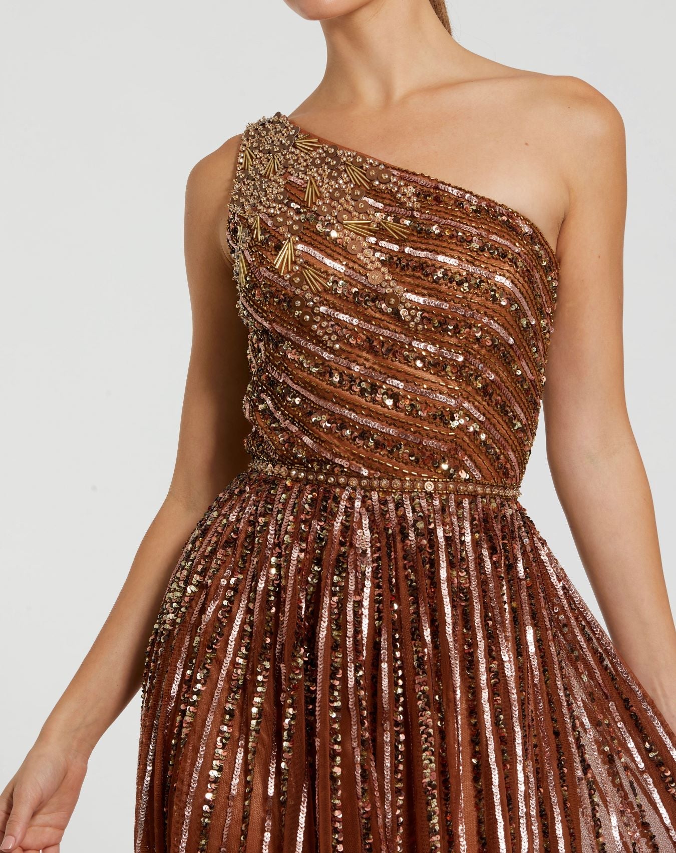 Embellished One Shoulder A-Line Gown - Platinum